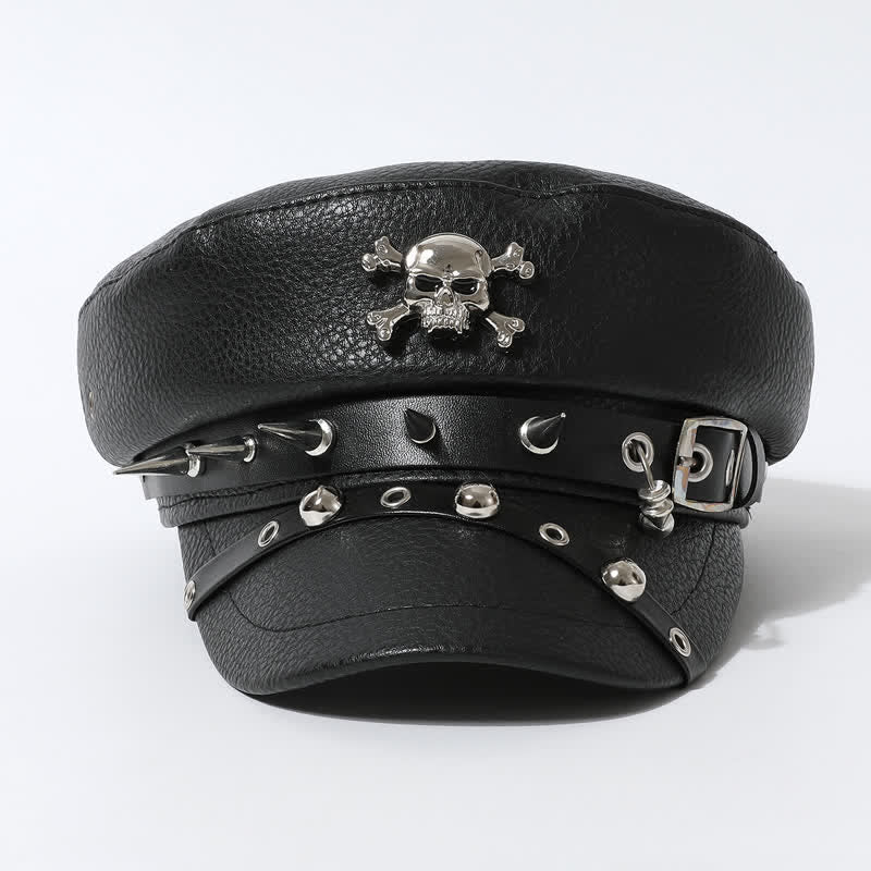 Gorra estilo boina de cuero negro con remaches de calavera para mujer, estilo azul marino