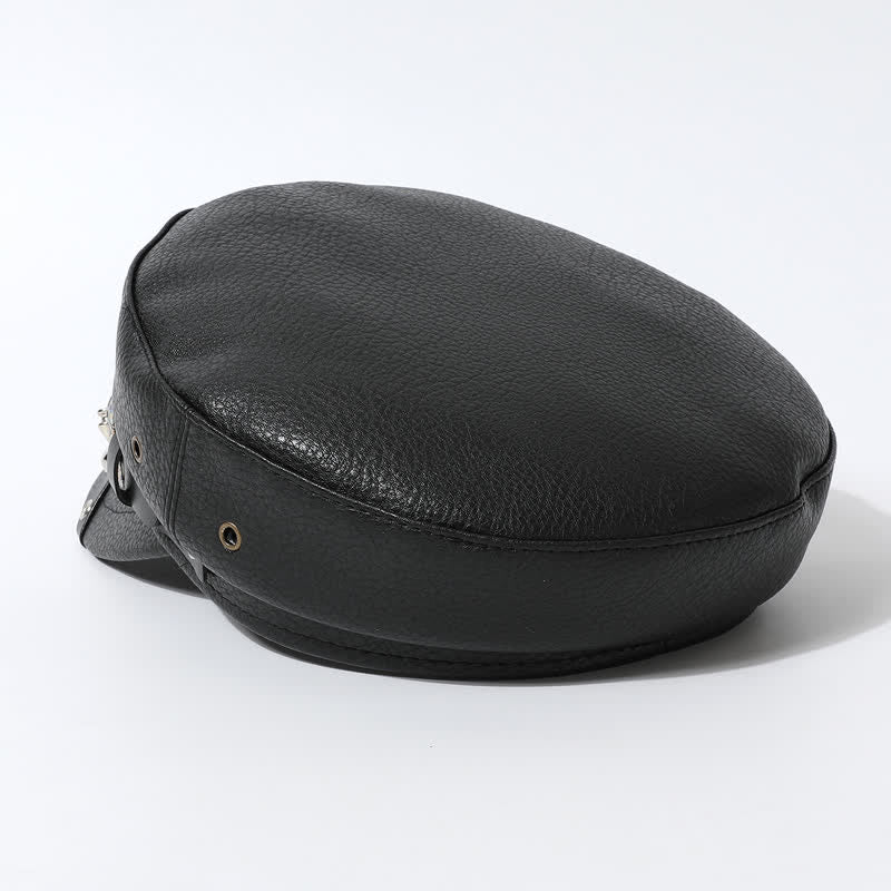 Gorra estilo boina de cuero negro con remaches de calavera para mujer, estilo azul marino