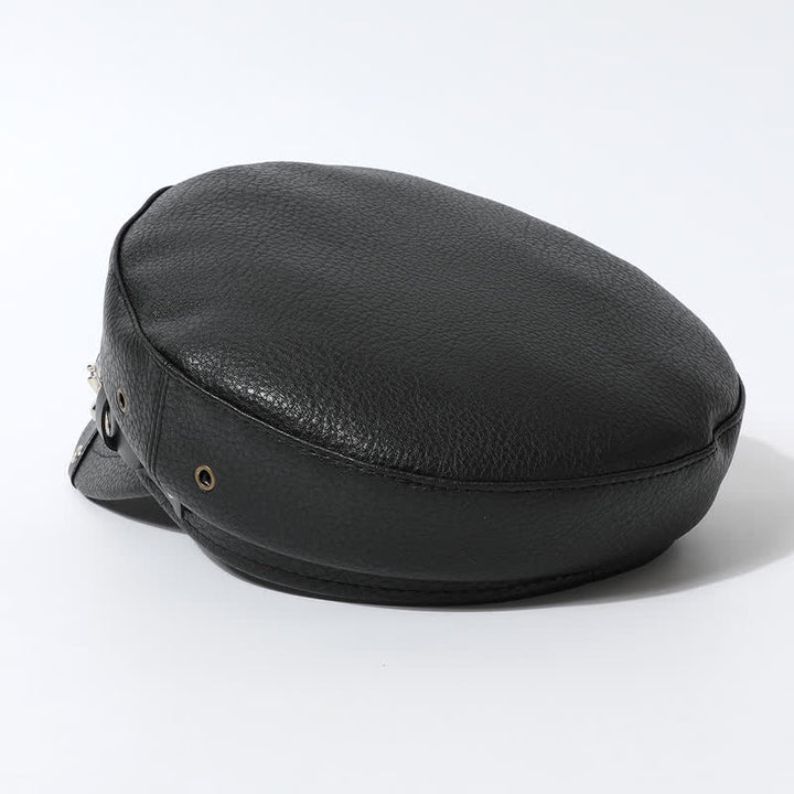 Gorra estilo boina de cuero negro con remaches de calavera para mujer, estilo azul marino