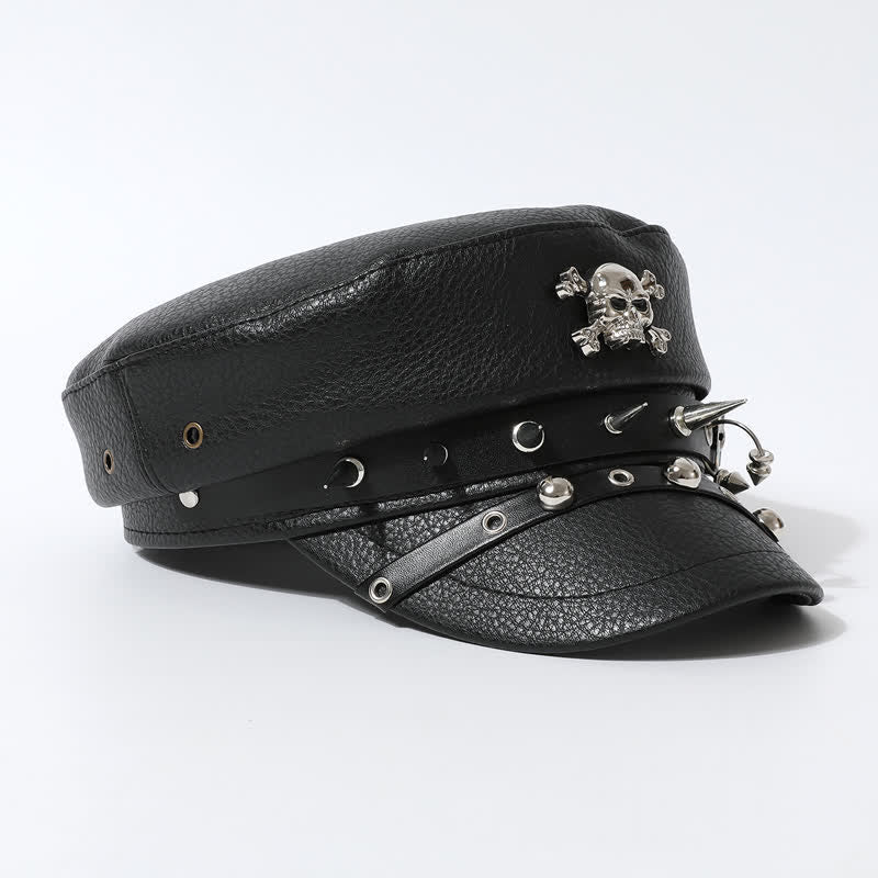 Gorra estilo boina de cuero negro con remaches de calavera para mujer, estilo azul marino