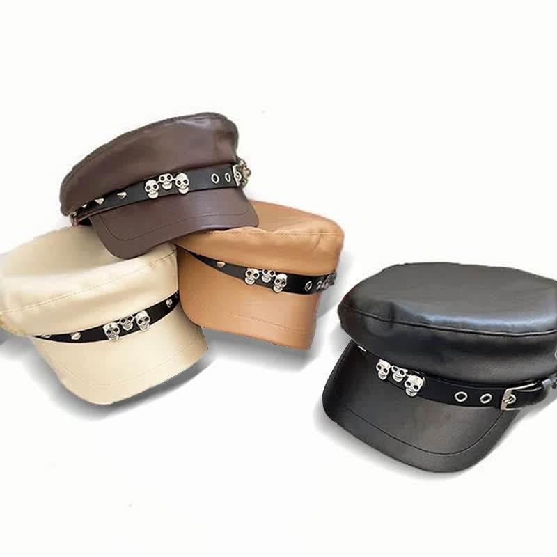 Boina de cuero unisex con tachuelas y calaveras de estilo oscuro