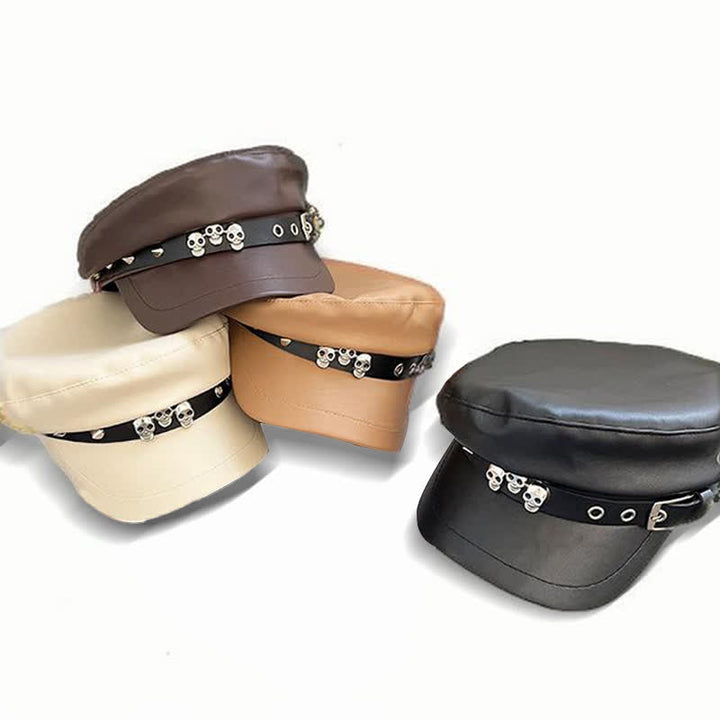 Boina de cuero unisex con tachuelas y calaveras de estilo oscuro