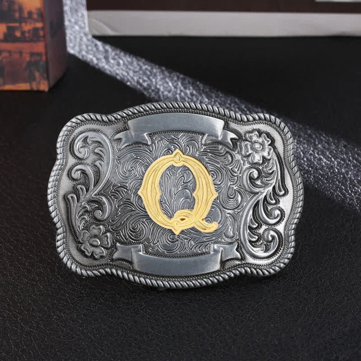 Cinturón de cuero con hebilla cuadrada y letra inicial retro para hombre - Q - Sin cinturón - image 19