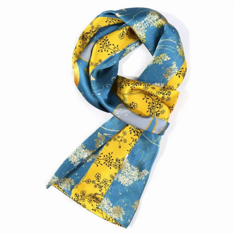 Lujosa bufanda larga de seda fina con estampado floral azul y amarillo vibrante para hombre