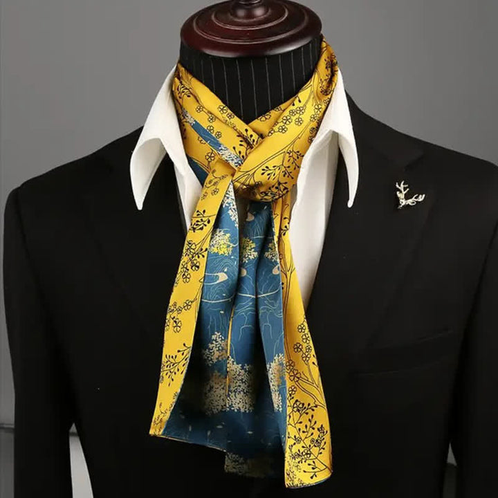 Lujosa bufanda larga de seda fina con estampado floral azul y amarillo vibrante para hombre