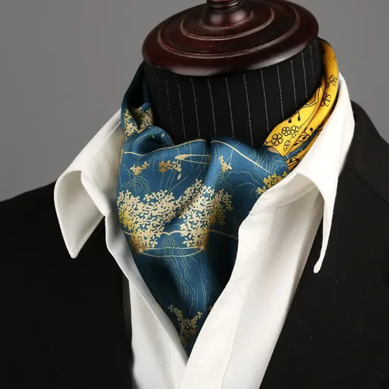 Lujosa bufanda larga de seda fina con estampado floral azul y amarillo vibrante para hombre