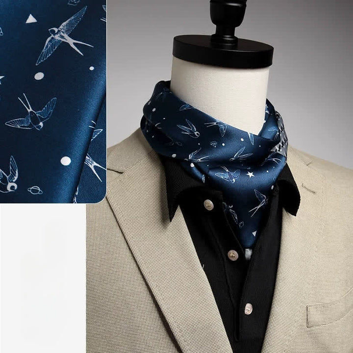 Bufanda de seda fina y larga de doble cara con estampado de golondrinas blancas y azules para hombre