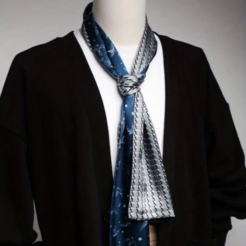Bufanda de seda fina y larga de doble cara con estampado de golondrinas blancas y azules para hombre