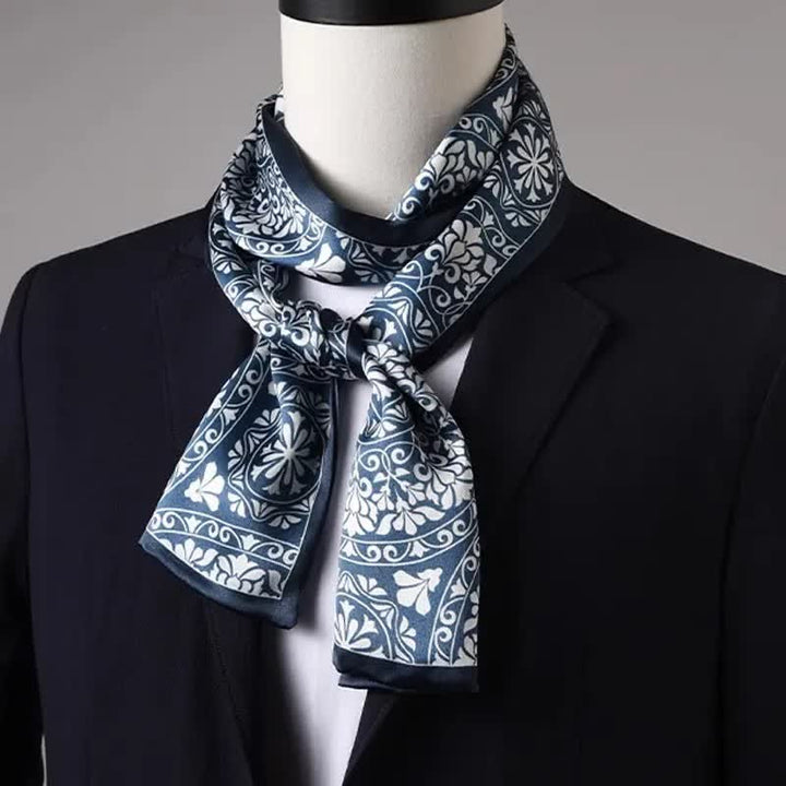 Bufanda larga y fina de doble cara con estampado floral azul y blanco para hombre