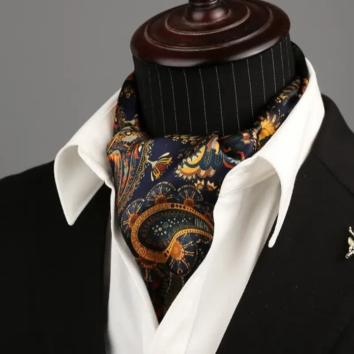 Bufanda larga y fina de seda reversible con diseño de cachemira en azul marino y dorado para hombre