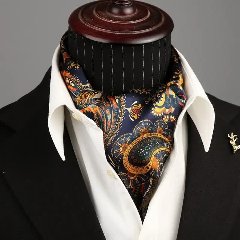 Bufanda larga y fina de seda reversible con diseño de cachemira en azul marino y dorado para hombre