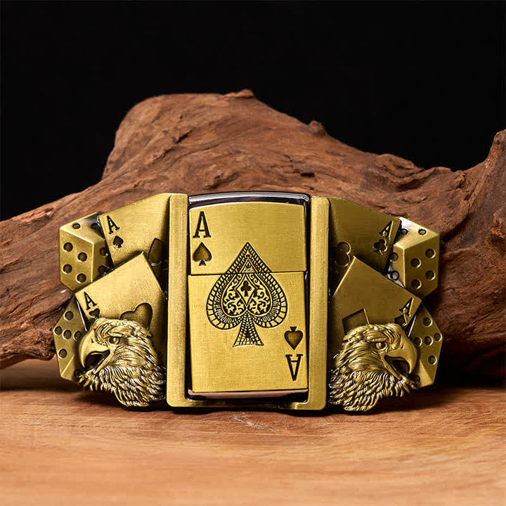 Hebilla de cinturón de cuero dorado con diseño de águila y as para hombre, con encendedor oculto, DIY