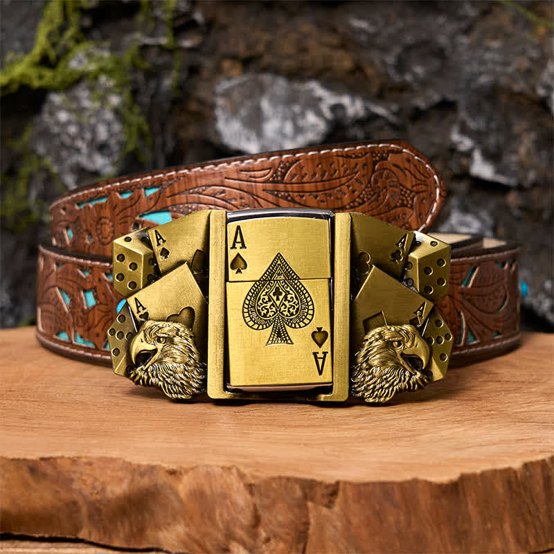 Hebilla de cinturón de cuero dorado con diseño de águila y as para hombre, con encendedor oculto, DIY