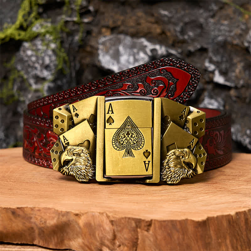 Hebilla de cinturón de cuero dorado con diseño de águila y as para hombre, con encendedor oculto, DIY