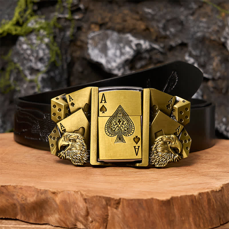 Hebilla de cinturón de cuero dorado con diseño de águila y as para hombre, con encendedor oculto, DIY