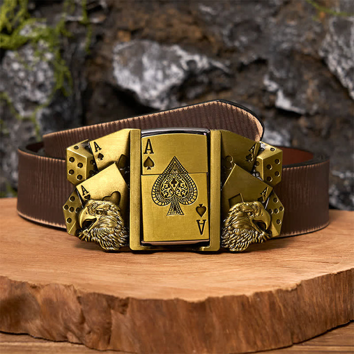Hebilla de cinturón de cuero dorado con diseño de águila y as para hombre, con encendedor oculto, DIY