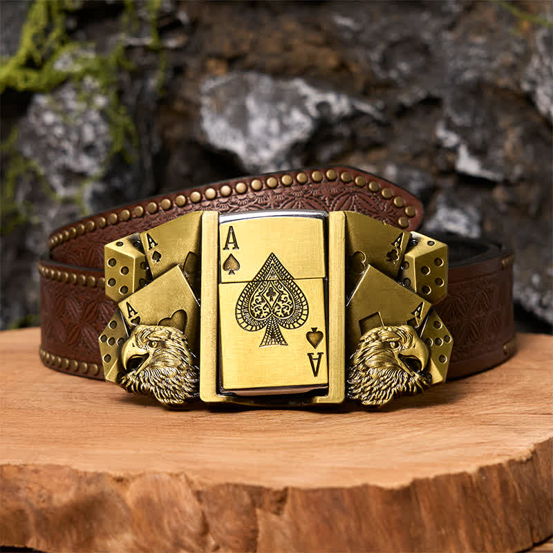 Hebilla de cinturón de cuero dorado con diseño de águila y as para hombre, con encendedor oculto, DIY