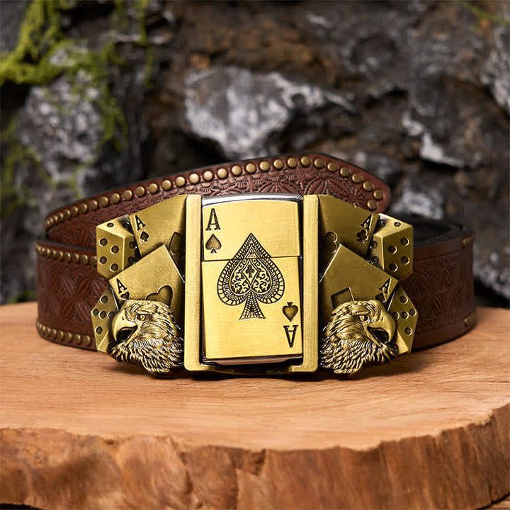 Hebilla de cinturón de cuero dorado con diseño de águila y as para hombre, con encendedor oculto, DIY
