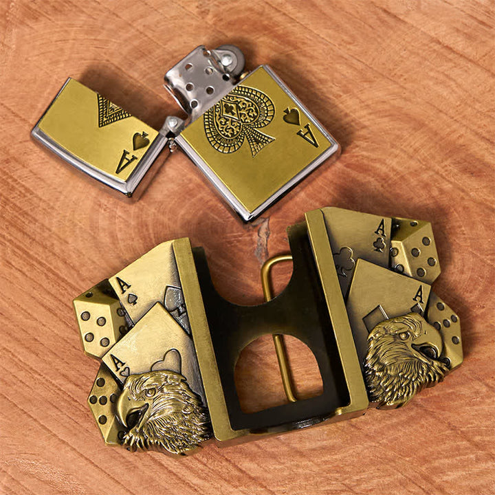 Hebilla de cinturón de cuero dorado con diseño de águila y as para hombre, con encendedor oculto, DIY