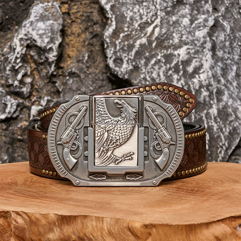 Cinturón de cuero con diseño de águila plateada y encendedor oculto para hombre