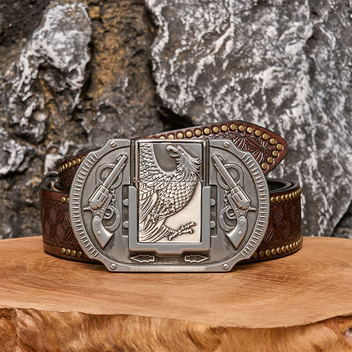 Cinturón de cuero con diseño de águila plateada y encendedor oculto para hombre