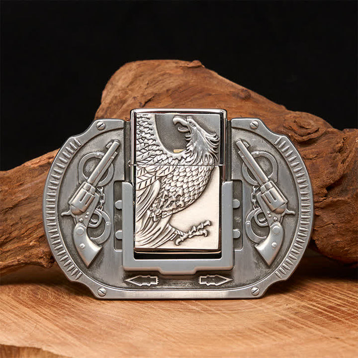 Cinturón de cuero con diseño de águila plateada y encendedor oculto para hombre