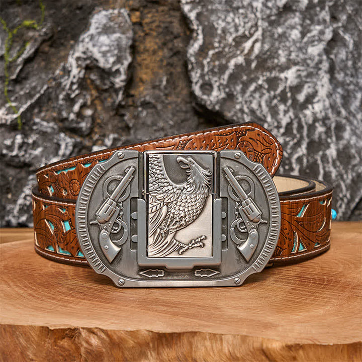 Cinturón de cuero con diseño de águila plateada y encendedor oculto para hombre