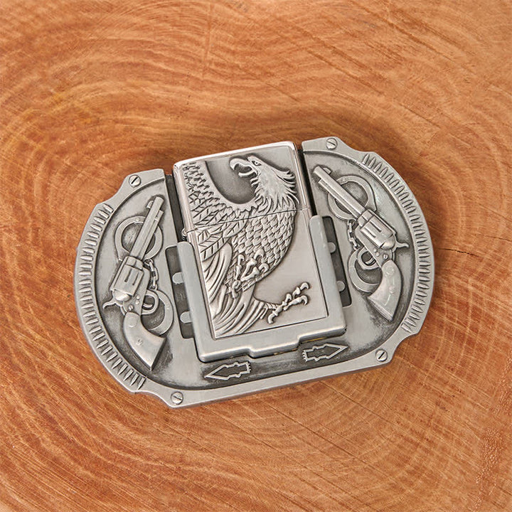 Cinturón de cuero con diseño de águila plateada y encendedor oculto para hombre