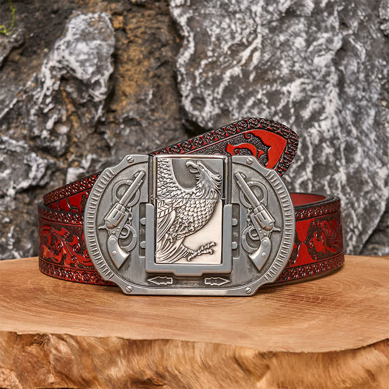 Cinturón de cuero con diseño de águila plateada y encendedor oculto para hombre