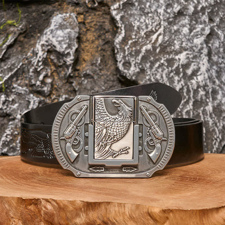 Cinturón de cuero con diseño de águila plateada y encendedor oculto para hombre