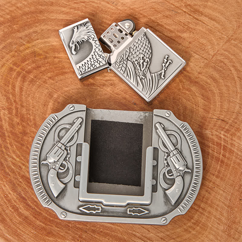 Cinturón de cuero con diseño de águila plateada y encendedor oculto para hombre