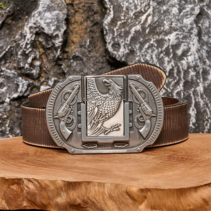 Cinturón de cuero con diseño de águila plateada y encendedor oculto para hombre