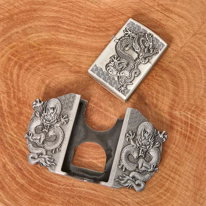 Cinturón de cuero con triple dragón para hombre, hecho a mano, con encendedor oculto