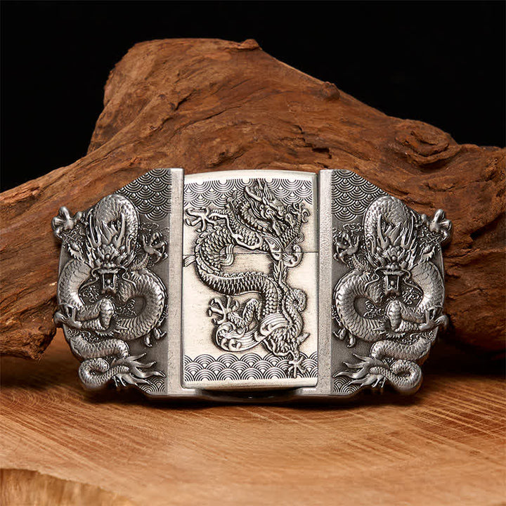 Cinturón de cuero con triple dragón para hombre, hecho a mano, con encendedor oculto