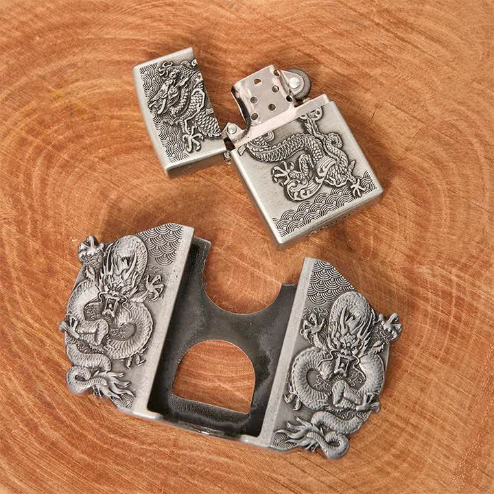 Cinturón de cuero con triple dragón para hombre, hecho a mano, con encendedor oculto