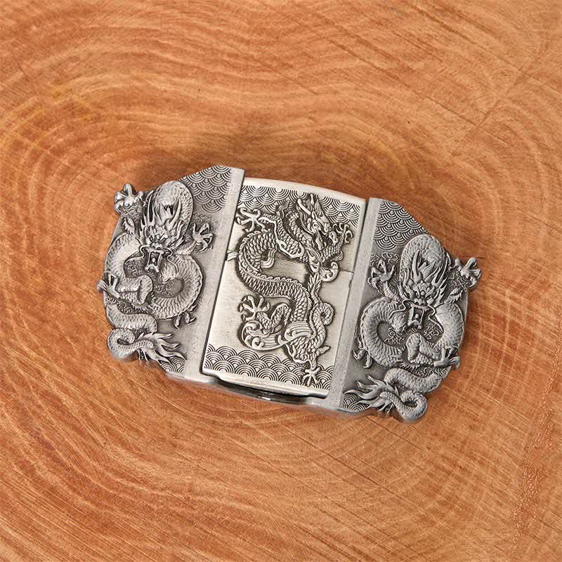 Cinturón de cuero con triple dragón para hombre, hecho a mano, con encendedor oculto