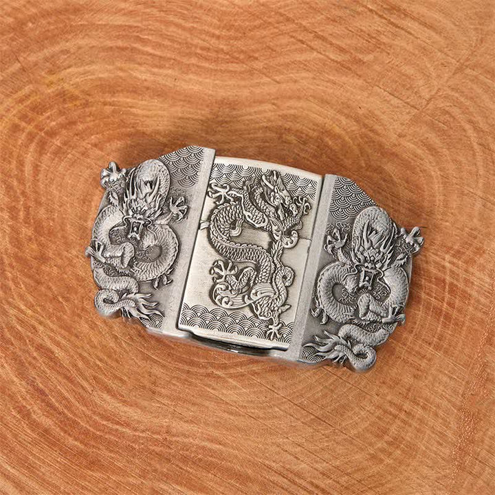 Cinturón de cuero con triple dragón para hombre, hecho a mano, con encendedor oculto
