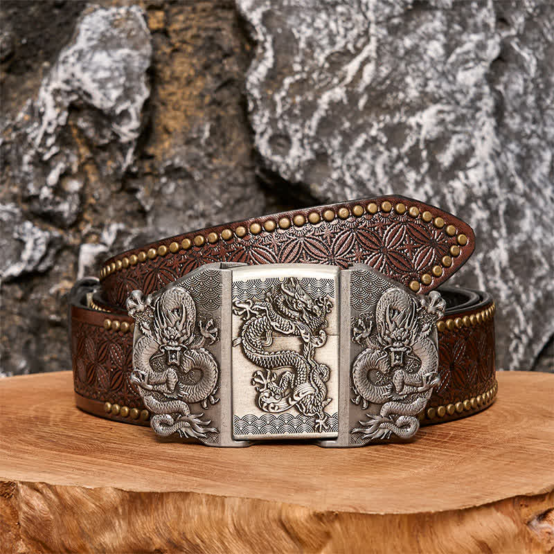 Cinturón de cuero con triple dragón para hombre, hecho a mano, con encendedor oculto