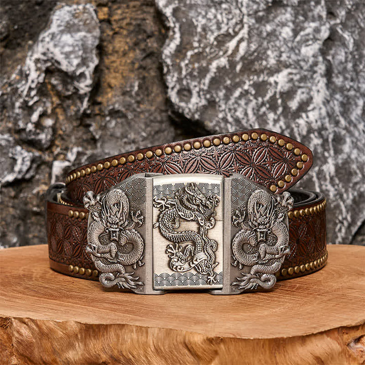 Cinturón de cuero con triple dragón para hombre, hecho a mano, con encendedor oculto