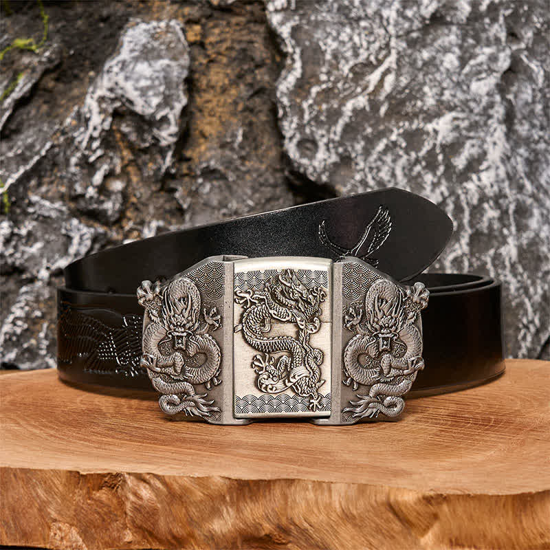 Cinturón de cuero con triple dragón para hombre, hecho a mano, con encendedor oculto