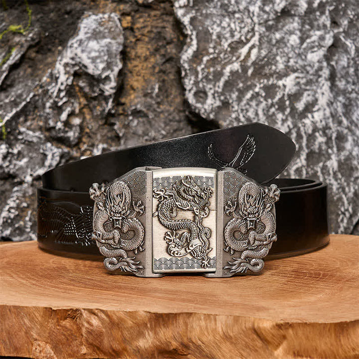 Cinturón de cuero con triple dragón para hombre, hecho a mano, con encendedor oculto