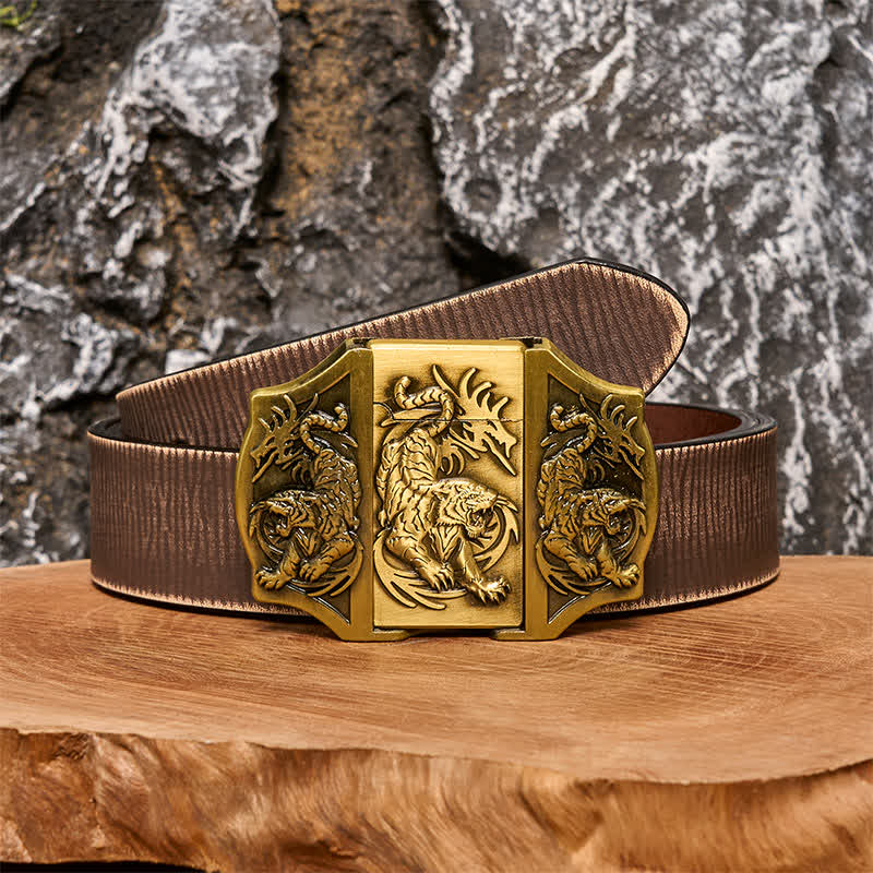 Cinturón de cuero con triple tigre de bronce para hombre con encendedor oculto