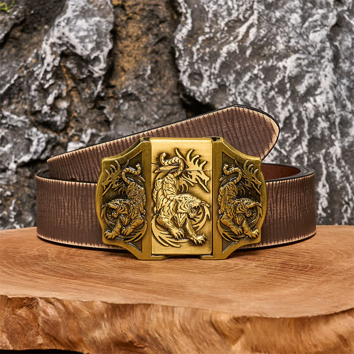 Cinturón de cuero con triple tigre de bronce para hombre con encendedor oculto