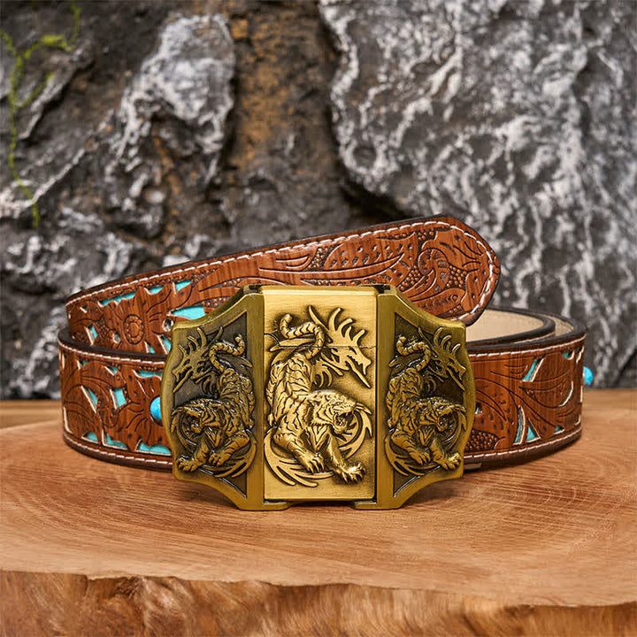 Cinturón de cuero con triple tigre de bronce para hombre con encendedor oculto
