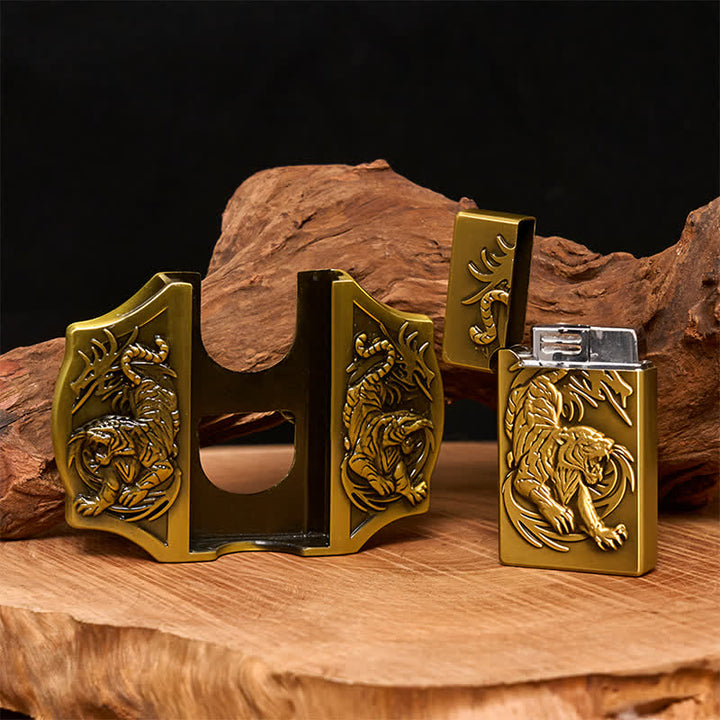 Cinturón de cuero con triple tigre de bronce para hombre con encendedor oculto