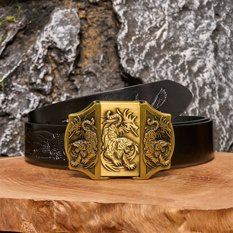 Cinturón de cuero con triple tigre de bronce para hombre con encendedor oculto