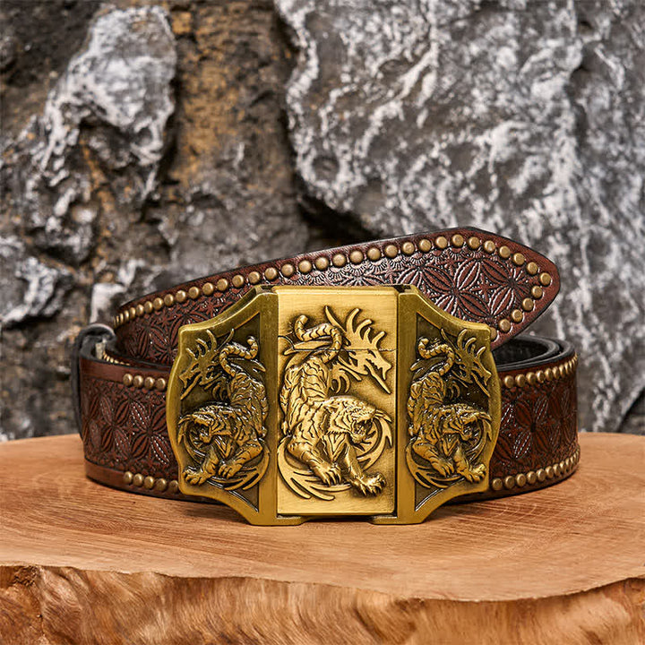 Cinturón de cuero con triple tigre de bronce para hombre con encendedor oculto