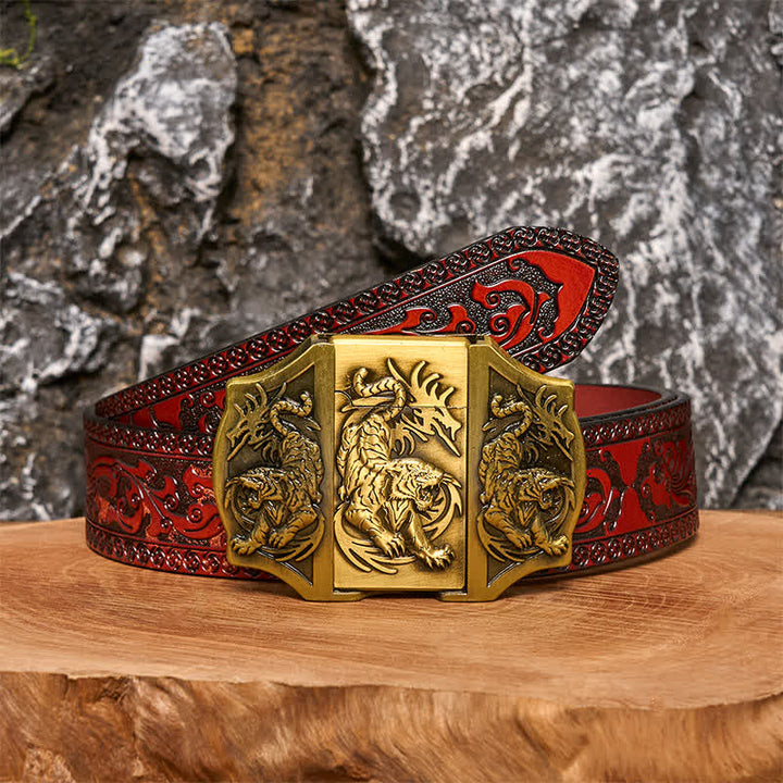 Cinturón de cuero con triple tigre de bronce para hombre con encendedor oculto