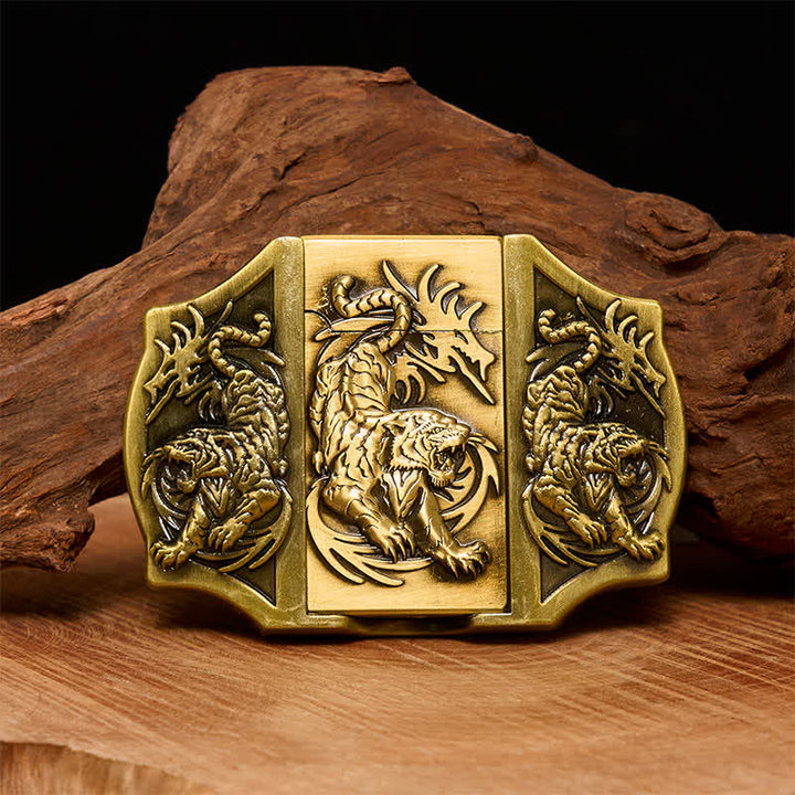 Cinturón de cuero con triple tigre de bronce para hombre con encendedor oculto