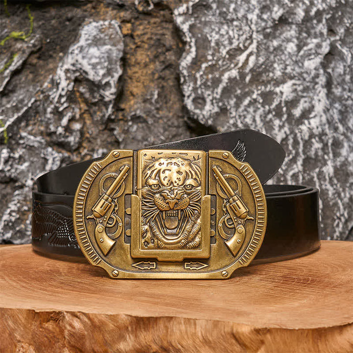 Cinturón de piel de tigre de bronce para hombre con encendedor oculto